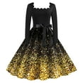 thumbnail image 1 of Cnbwig Christmas Gifts for Women Christmas Shiny Printed Classic Tea Dress Long Sleeve Square Neck Gown with Belt Swing Cocktail Party Dresses C-Gold M, 1 of 2