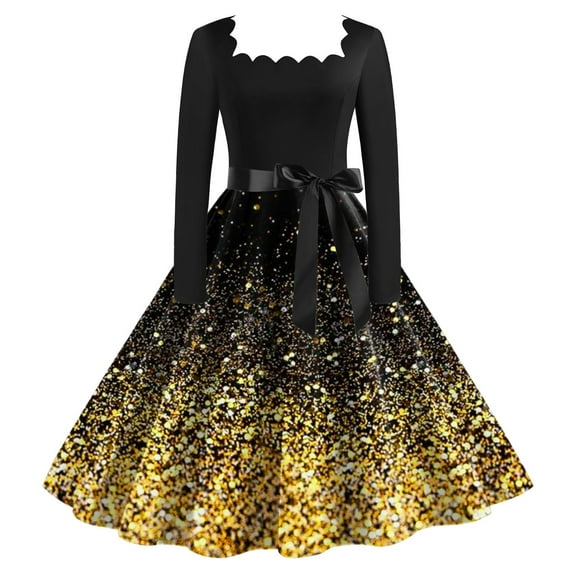 Cnbwig Christmas Gifts for Women Christmas Shiny Printed Classic Tea Dress Long Sleeve Square Neck Gown with Belt Swing Party Dresses C-Gold S