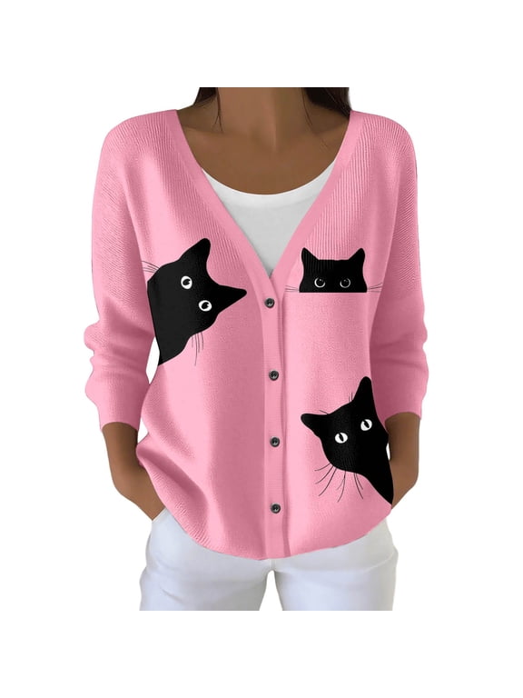 Sweaters for Women Elegant Long Sleeve Jacket Knit Cardigan Sweater Cat Knitted Coat for Autumn Winter Outerwear Outwear Trendy Sweatshirts A-Pink L