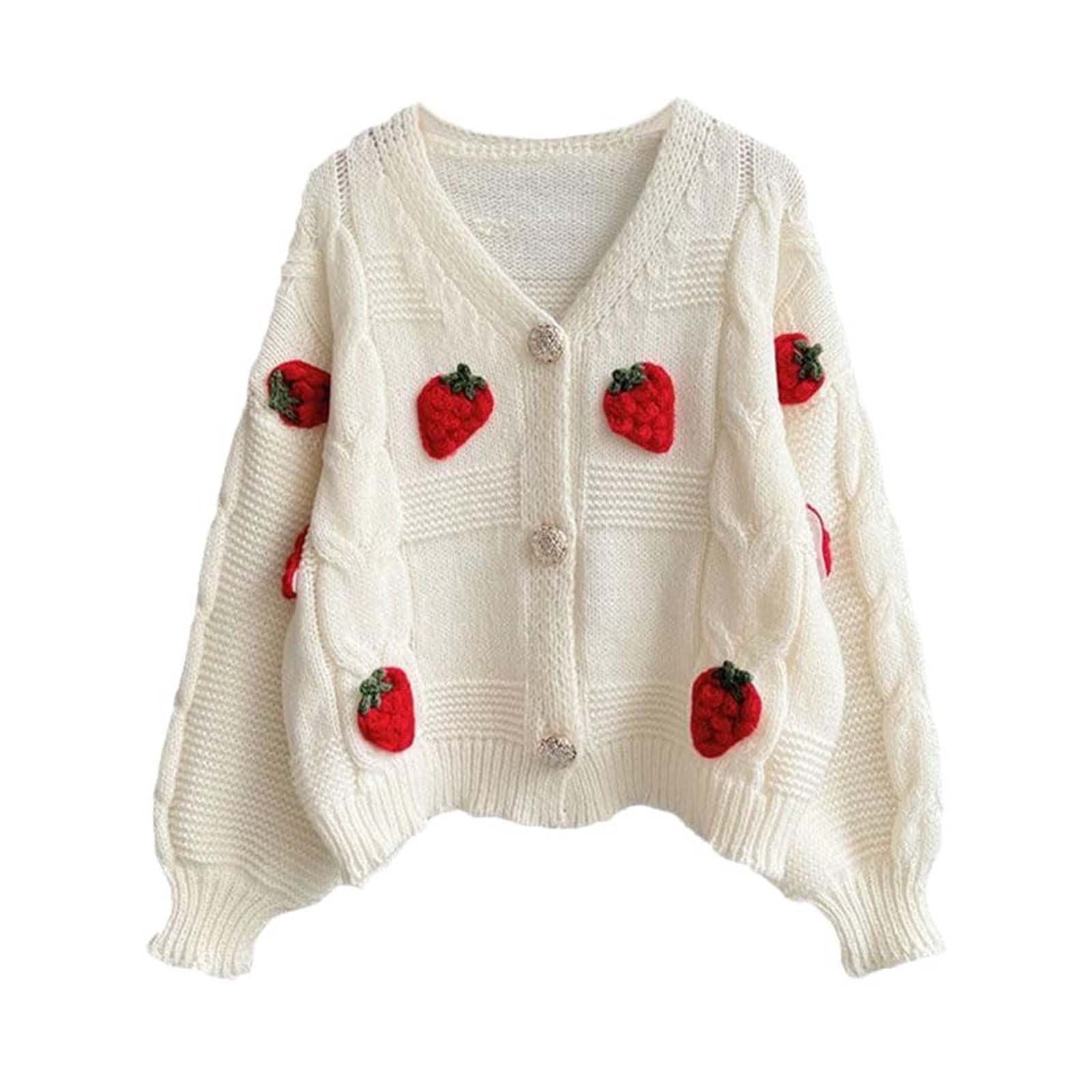 Cnbwig Sweaters for Women Strawberry Crocheting Button Down V Neck ...