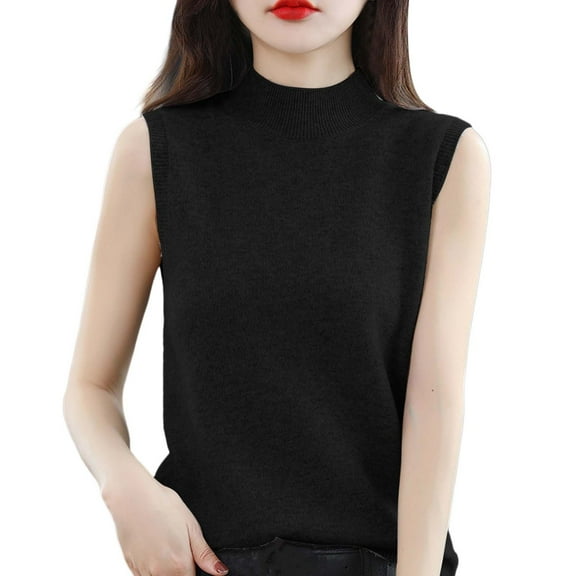 Cnbwig Sweaters for Women Turtleneck Vest Sleeveless Sweater Knitted Bottoming Solid Color Pullover Shirt Slim Backing Shirt Womens Sweaters Casual Tops A-Black M