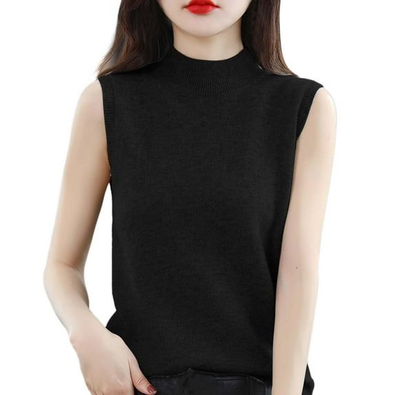 Cnbwig Sweaters for Women Turtleneck Vest Sleeveless Sweater Knitted Bottoming Solid Color Pullover Shirt Slim Backing Shirt Womens Sweaters Casual Tops A-Black L