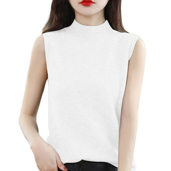 Cnbwig Chunky Sweaters for Women Turtleneck Vest Sleeveless Sweater Knitted Bottoming Solid Color Pullover Shirt Slim Backing Shirt Womens Sweaters Casual Tops A-White L