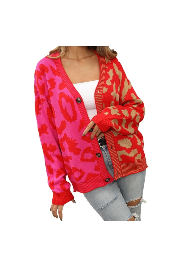 Cozy Sweaters for Women Leopard Print Patchwork Button Up Long Sleeved V Neck Jacket Loose Cardigan Casual Winter Tops Outwear A-Hot Pink XL