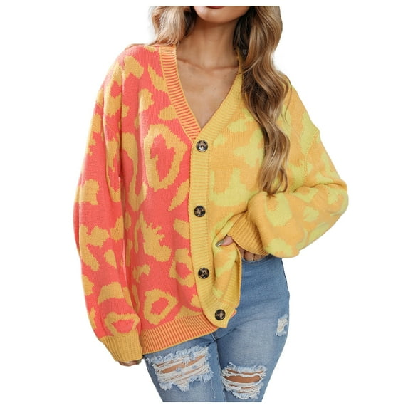Cnbwig Cozy Sweaters for Women Leopard Print Patchwork Button Up Long Sleeved V Neck Jacket Loose Cardigan Casual Winter Tops Outwear A-Yellow S