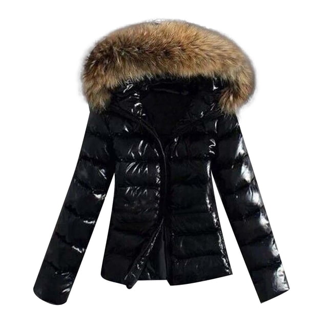 Cnbwig Down Jacket for Womens Autumn Winter Women's Lightweight Thick Down Warm Quilted Coats Solid Padded Hooded Jacket with Collar Black L