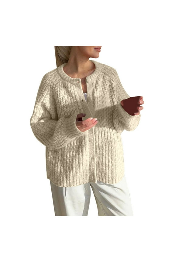 Fall Cardigan for Women Sweater Cozy Oversized Solid Color Knitted Sweater Crew Neck Button Down Long Sleeve Knit Coat Outerwear Cardigan Sweater Casual Cover Ups A-Light Yellow S