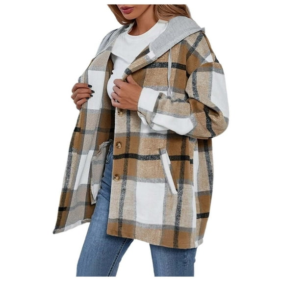 Cnbwig Fall Checked Hoodies for Womens Winter Fashion Oversized Plaid Hooded Button Down Loose Jacket Casual Outwear Z3-Khaki XXL