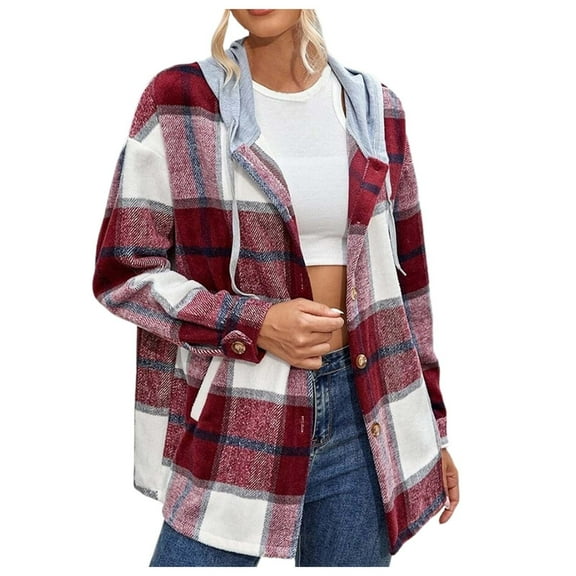 Cnbwig Fall Checked Hoodies for Womens Winter Fashion Oversized Plaid Hooded Button Down Loose Jacket Casual Outwear Z3-Red S