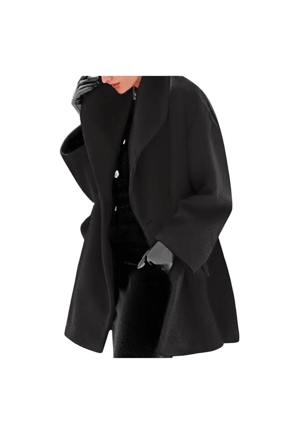 Fall Coats for Women 2025 Winter Wool Coat Trench Warm Solid Color Thick Jacket Ladies Slim Mid Length Overcoat Outwear Shacket Jacket Outerwear B-Black 5XL