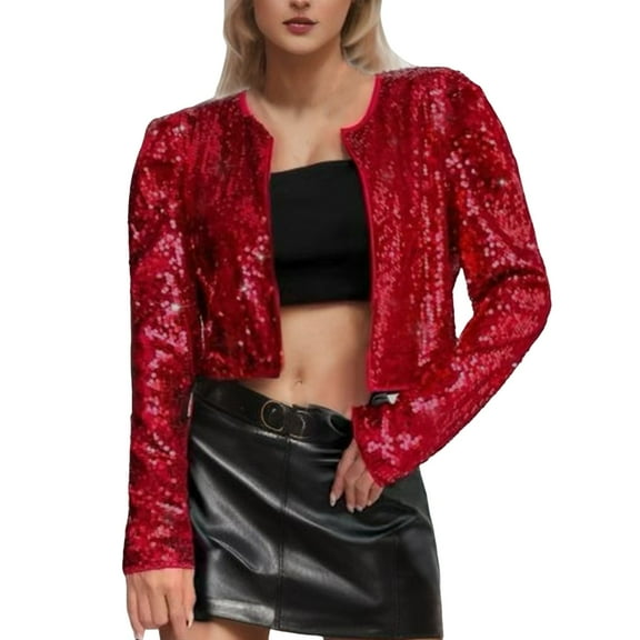 Cnbwig Fall Coats for Women Autumn/Winter Trend Rock Cardigan Solid Color Cropped Jacket Sequins Crew Neck Coat Long Sleeve Loose Trendy Coat Outerwear A-Red S