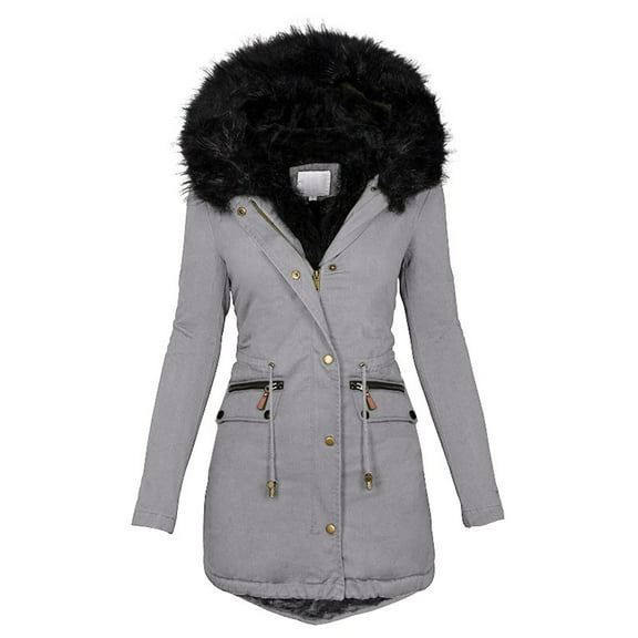 Cnbwig Fall Coats for Women Plus Size Winter Coat with Hood Long Sleeve Thicken Coat Warm Hooded Furry Solid Padded Outerwear Shirt 2025 Coat Tops A-Grey L