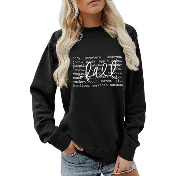 Cnbwig Fall Hoodies Casual Sweatshirts Women Crewneck Sweatshirt Cozy Pullover Top with Letter Print Loose Soft Hoodless Shirt Winter Tunic Tops Winter Winter Outfits Clothes A-Black S