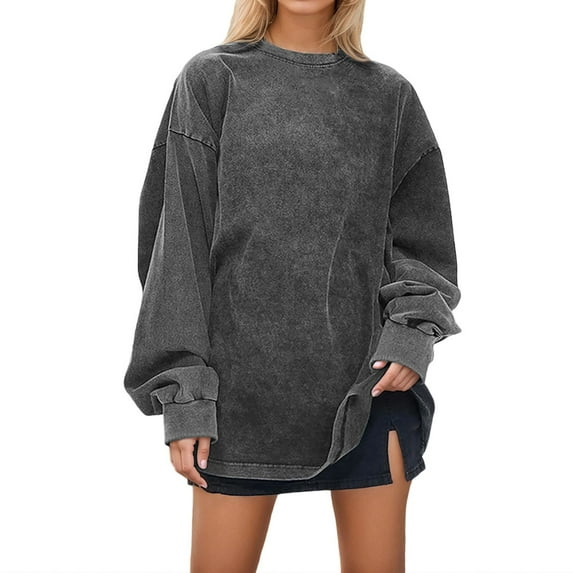 Cnbwig Fall Hoodies Casual Sweatshirts Women Heavyweight Distressed Solid Color Vintage Sweatshirt Long Sleeve Crewneck Pullover Washed Loose Tops Trendy Shirts for Ladies Blouses A-Grey L