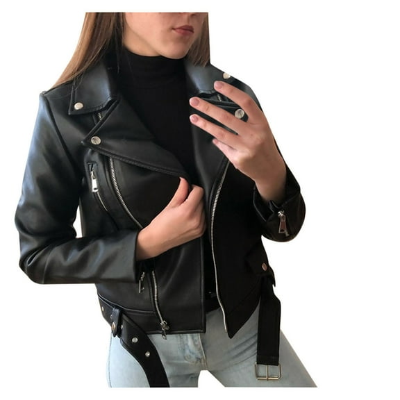 Cnbwig Fall Jackets for Women Cool Leather Long Sleeve Solid Color Zipper Fitted Coat Short Leather Crop Jacket with Belt Coats Warm Casual Outwear A-Black L