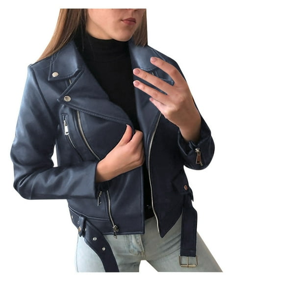 Cnbwig Fall Jackets for Women Cool Leather Long Sleeve Solid Color Zipper Fitted Coat Short Leather Crop Jacket with Belt Coats Warm Casual Outwear A-Blue 3XL