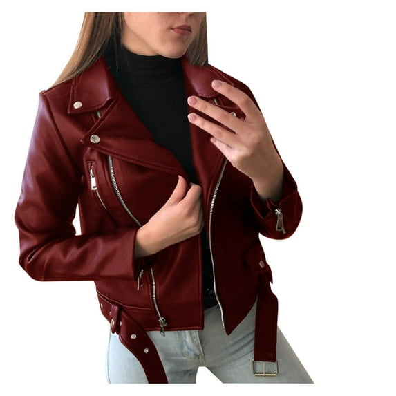 Cnbwig Fall Jackets for Women Cool Leather Long Sleeve Solid Color Zipper Fitted Coat Short Leather Crop Jacket with Belt Coats Warm Casual Outwear A- L