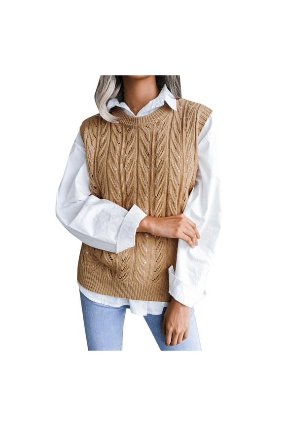Fall Sweaters for Women Autumn and Winter Solid Color Sleeveless Round Neck Knit Sweater Vest Cable Knitted Checked Knitwear Ladies Sweaters Fall Shirts A-Khaki S