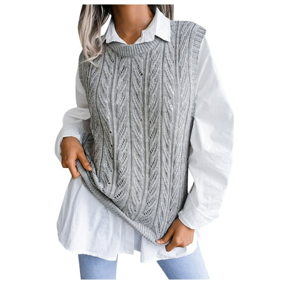 Cnbwig Fall Sweaters for Women Autumn and Winter Solid Color Sleeveless Round Neck Knit Sweater Vest Cable Knitted Checked Knitwear Ladies Sweaters Fall Shirts A-Grey S