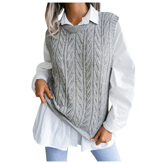 Cnbwig Fall Sweaters for Women Autumn and Winter Solid Color Sleeveless Round Neck Knit Sweater Vest Cable Knitted Checked Knitwear Ladies Sweaters Fall Shirts A-Grey M