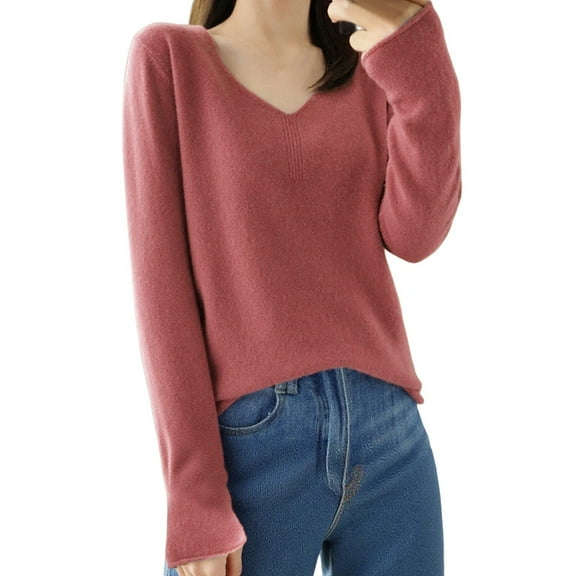 Cnbwig Fall Sweaters for Women Pullover Sweater Thin Knit V Neck Solid Color Long Sleeve Winter Fall Top Soft Stretch Elegant Fall Sweatshirt Trendy Blouses A-Brick Red XXL