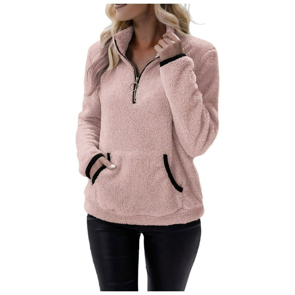 Cnbwig Fall Sweaters for Women Solid Color Half Zip Long Sleeved Hoodless Sweater Stand Collar Loose Warm Coat Fashion Sweaters Fall Tops C-RD1 XXL