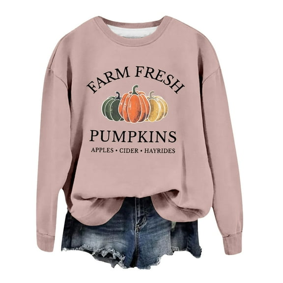 Cnbwig Fall Sweatshirt Women's Casual Hoodies Autumn Winter Letter Pumpkins Print Hoodless Long Sleeve Crewneck Sweatshirt Pullover Blouse for Daily Wear Winter Ladies Trendy Tops A-Pink XL