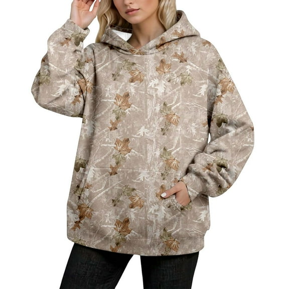 Cnbwig Fashion Coats for Womens Sweatshirts Camo Dead Wood Maple Print Leaf Hooded Long Sleeved Pullover Oversize Drop Shoulder Sweatshirt with Pocket Fall Women Winter Sweat Shirts B-Khaki L