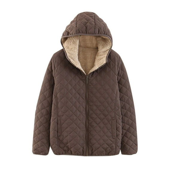 Cnbwig Fashion Fall Coats for Women Check Hooded Solid Color Long Sleeve Loose Warm Coat Zipper Hoodies Thick Outwear Winter Coat Outwear Blouses A-Coffee M