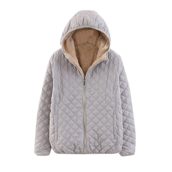 Cnbwig Fashion Fall Coats for Women Check Hooded Solid Color Long Sleeve Loose Warm Coat Zipper Hoodies Thick Outwear Winter Coat Outwear Blouses A-Light Gray S