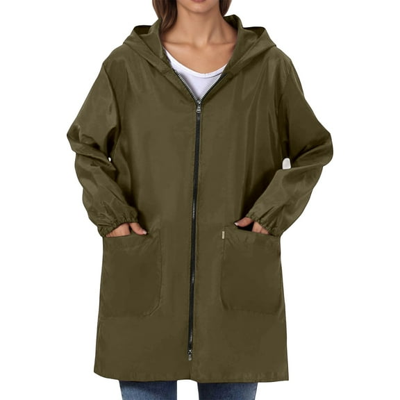 Cnbwig Fashion Fall Coats for Women Lightweight Hooded Solid Color Mid Length Jacket Windbreaker Raincoat Long Sleeve Outdoor Coat for Spring Jackets Winter 2025 A-Army Green 3XL