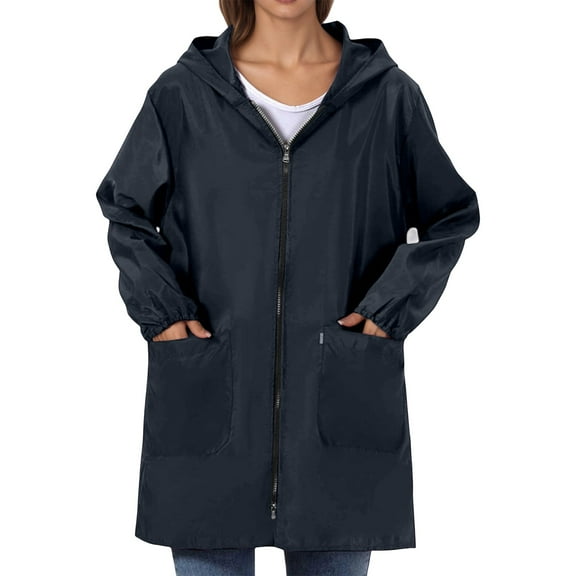 Cnbwig Fashion Fall Coats for Women Lightweight Hooded Solid Color Mid Length Jacket Windbreaker Raincoat Long Sleeve Outdoor Coat for Spring Jackets Winter 2025 A-Navy 3XL
