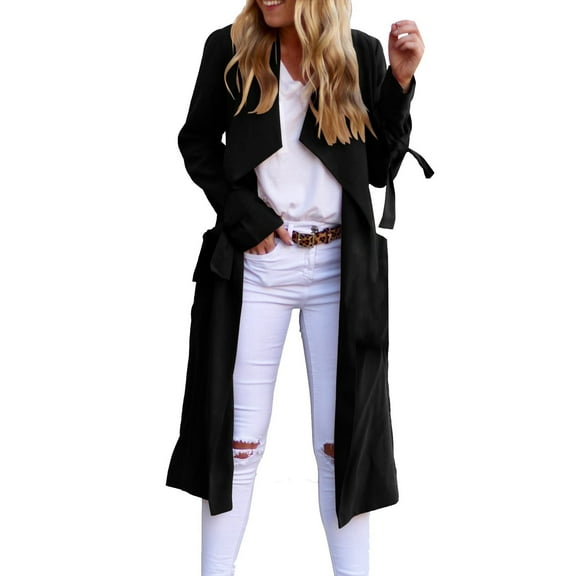 Cnbwig Fashion Fall Coats for Women Open Front Long Trench Coats Long Sleeve Slim Solid Color Windproof Lapel Overcoat with Belt and Pockets Coats Winter Outfits Clothes Y2K A-Black M