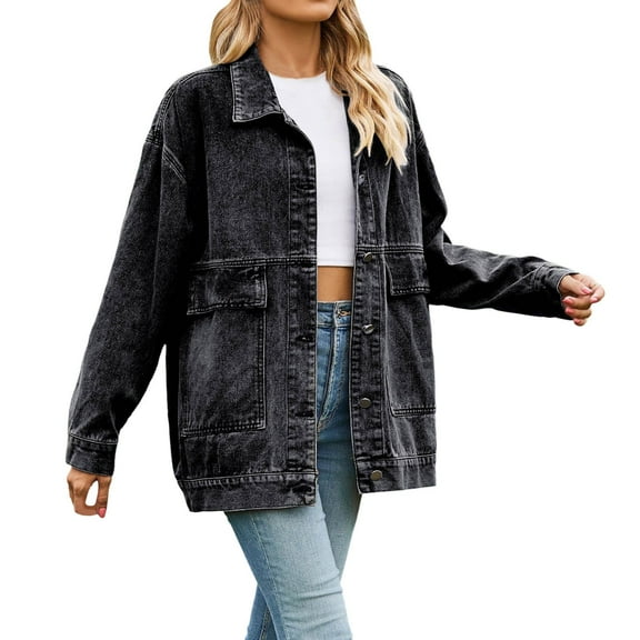 Cnbwig Fashion Fall Coats for Women Oversize Retro Classic Loose Denim Jacket Solid Color Washed Lapel Button Down Jean Coat with Pockets Jackets 2025 Outerwear B-Grey L
