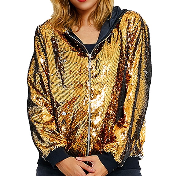 Cnbwig Fashion Fall Coats for Women Sequins Hoodie Solid Color Zipper Jacket Long Sleeve Glitter Party Shiny Coat Loose Rave Outerwear Trendy Coat Outerwear A-Gold L