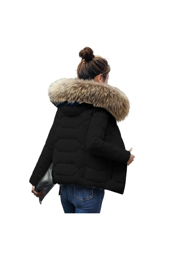 Jacket Women's Coat Hooded Coat Short Solid Color Padded Jacket Winter Warm Zipper Outdoor Thick Slim with Pocket Ladies Jackets Fall Coats A-Black L