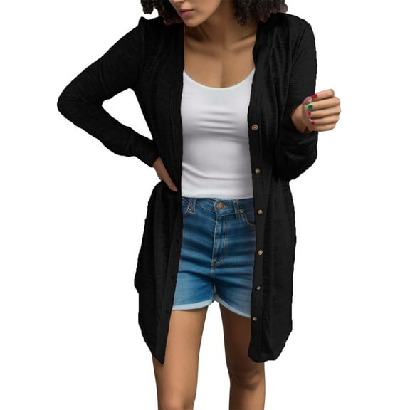 Cnbwig Jacket Women's Coat Solid Color Button Down Long Sleeve Mid Length Cardigan Blouse Lightweight Coat Shacket Jacket Outerwear A-Black M