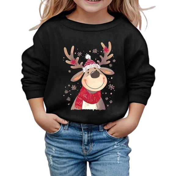 Cnbwig Girls Long Sleeve Graphic Hoodie Christmas Reindeer Print Long Sleeve Crewneck Sweatshirt Pullover Hoodless Top for Holiday Casual Hoodie Child's Shirts C-Black 4-5 T