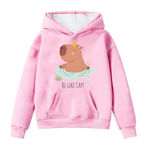 Cnbwig Girls Long Sleeve Graphic Hoodie Cute Capybara Print Pullover Long Sleeve Hooded Drop Shoulder Sweatshirt Loose with Pockets Trendy Sweat Shirt for Kids Boys D-Pink 8-9 T