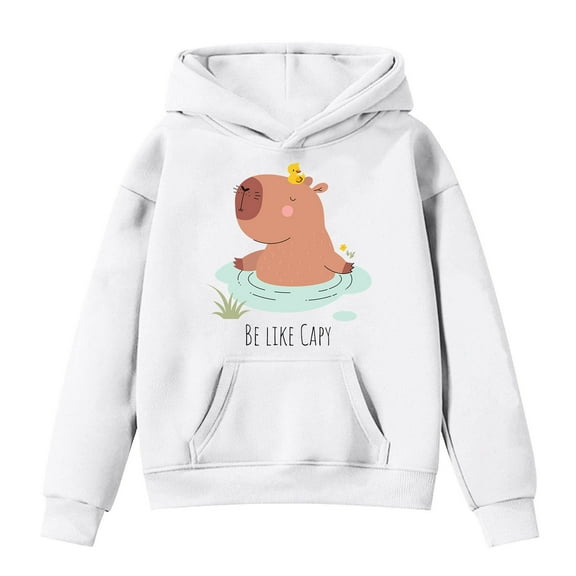Cnbwig Girls Long Sleeve Graphic Hoodie Cute Capybara Print Pullover Long Sleeve Hooded Drop Shoulder Sweatshirt Loose with Pockets Trendy Sweat Shirt for Kids Boys D-White 8-9 T