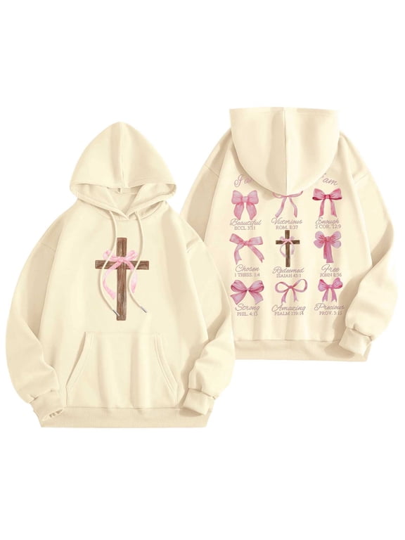 Graphic Hoodies Graphic Bow Printed Sweatshirts Preppy Drop Shoulder Pullover Long Sleeve Sweatshirt Loose Tops Causal Shirts Autumn Blouses Hooded C-Beige S