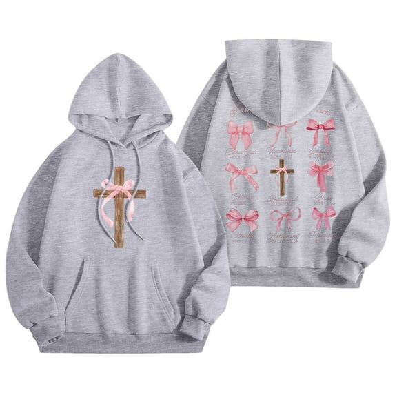 Cnbwig Graphic Hoodies Graphic Bow Printed Sweatshirts Preppy Drop Shoulder Pullover Long Sleeve Sweatshirt Loose Tops Causal Shirts Autumn Blouses Hooded C-Grey S