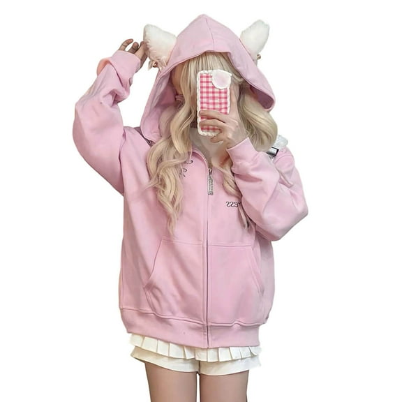 Cnbwig Graphic Hoodies for Womens Cute Solid Color Cat Ear Zipper Hoodies Long Sleeve Letter Pattern Oversized with Pocket Fall Tops Ladies Sweater Pullover Sweat Shirts Pink L