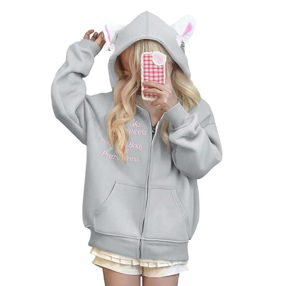 Cnbwig Graphic Hoodies for Womens Cute Solid Color Cat Ear Zipper Hoodies Long Sleeve Letter Pattern Oversized with Pocket Fall Tops Ladies Sweater Pullover Sweat Shirts Grey L