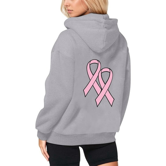 Cnbwig Graphic Hoodies for Womens Zip Up Breast Cancer Awareness Ribbon Print Hoodies Bow Long Sleeve Drop Shoulder Tops with Pocket Pullover Hoodies Fall Shirts Grey S