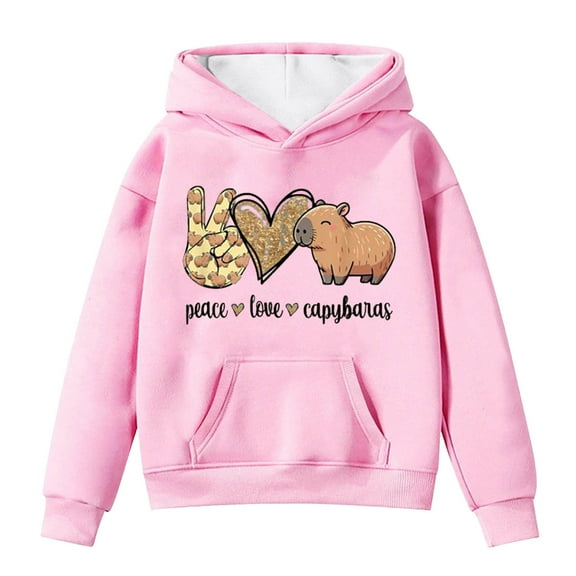 Cnbwig Hoodies for Girls Tops Toddler Cute Capybara Print Pullover Long Sleeve Hooded Drop Shoulder Sweatshirt Loose with Pockets Fashion Child Girls Sweatshirts A-Pink 8-9 T