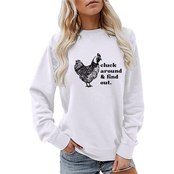 Cnbwig Hoodies for Women Casual Sweatshirts Letter and Chicken Print Top Hoodless Loose Crewneck Pullover Sweatshirt Sweatshirts Winter Outfits Sweater A31-White XL