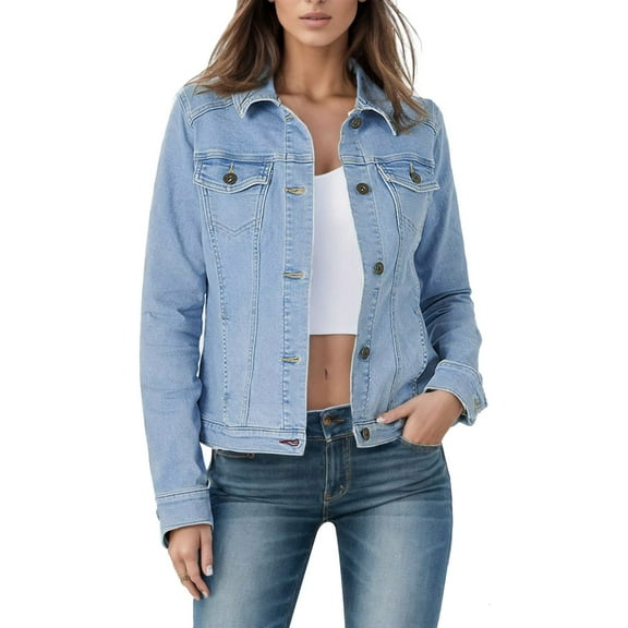Cnbwig Jackets for Women Fall Denim Jacket Slim Solid Color Washed Jean Coat Lapel Button Down Outwear Short Tops with Pockets Coat Casual Trendy Streetwear Outerwear A-Light Blue S