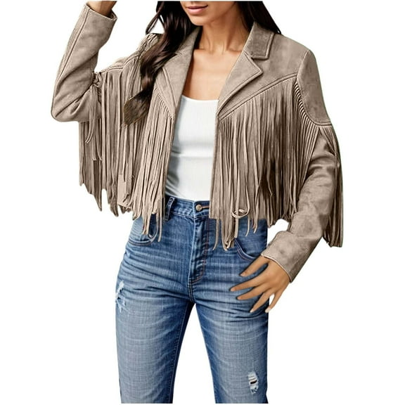 Cnbwig Jackets for Women Fall Fringe Suede Leather Tassels Motorcycle Chamois Solid Color Lapel Cropped Coats Cool Girl Coat Casual Trendy Streetwear Outerwear B-Khaki S