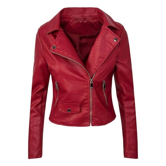 Cnbwig Jackets Women Fashion Coats Faux Leather Jacket Short Zip Up Cool Motorcycle Solid Color Outerwear Slim Fit Coat Lightweight Comfortable Jackets 2025 Outerwear E-Red 3XL
